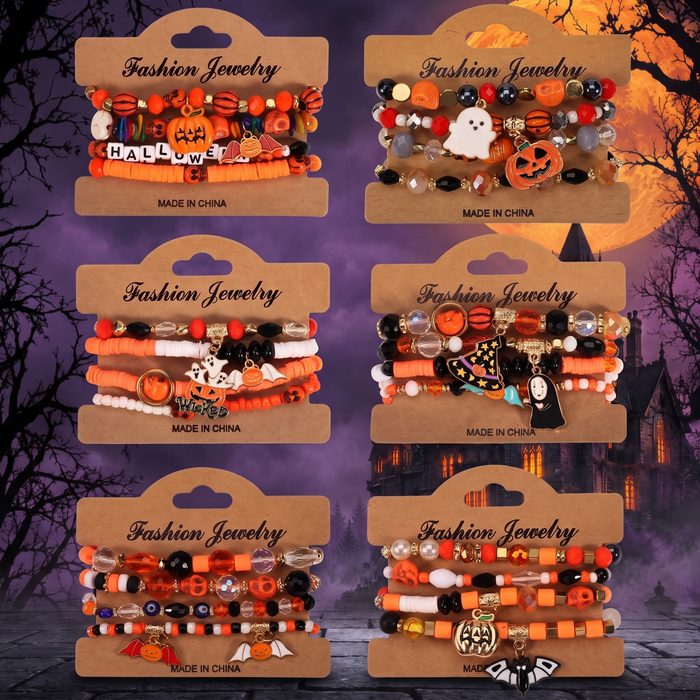 Halloween Bracelet with Ghost Pumpkin Skull Pendant Beaded Party Jewelry — Hallowicked hero (SUJEWBC00238)
