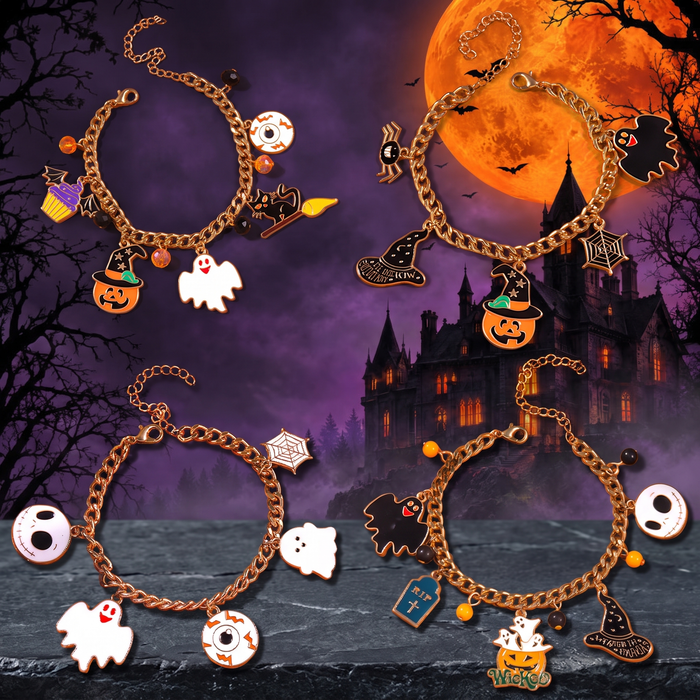 Halloween themed bracelet with pumpkin head, ghost wizard hat, festive ornaments — Hallowicked hero (SUJEWBC00229)