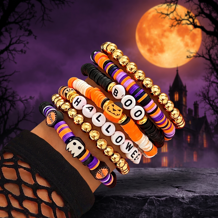 Halloween Orange Pumpkin Skull Bracelet Set — Hallowicked hero (SUJEWBC00212)
