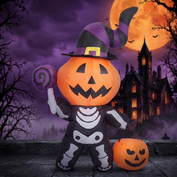 Skull Ghost Inflatable Figure Holding Pumpkin Halloween Ghost Inflatable Polyester — Hallowicked hero (SUKITKI00011)