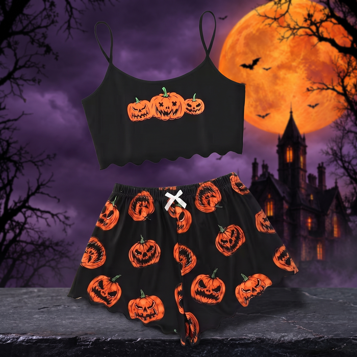Halloween Pumpkin Print Sleeveless Pajama Set — Hallowicked hero (SUWOCIP00201)