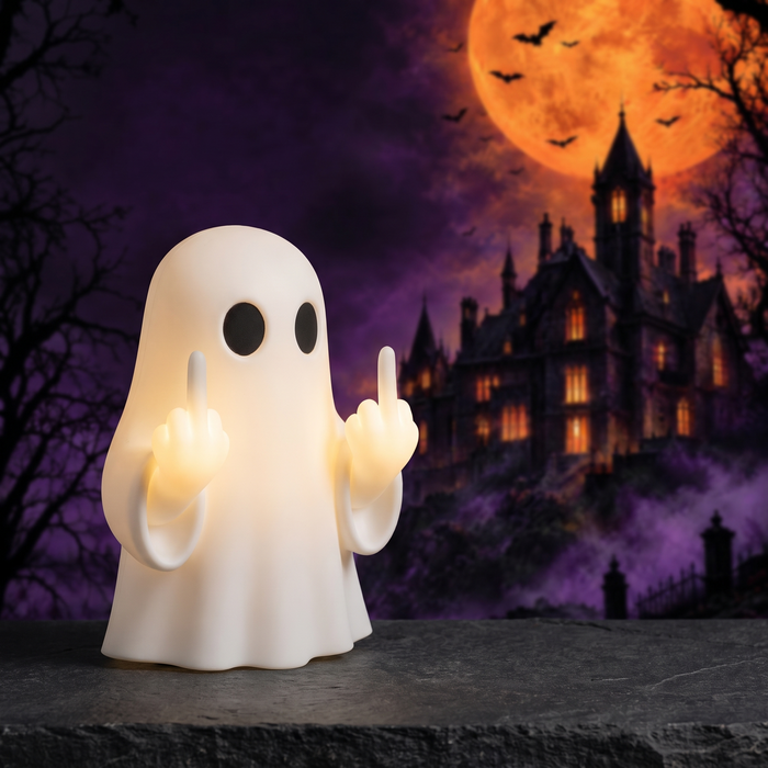 Halloween ghost with a glowing night light on its middle finger — Hallowicked hero (SUELMDL00029)