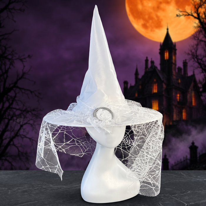 Halloween Party Witch Hat Lace Face Mysterious Sorcerer White Witch Hat Polyester Taff Shirt Hat Costume — Hallowicked hero (SU00150904)