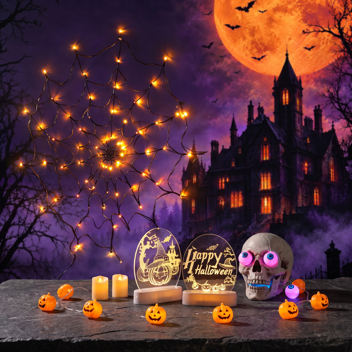 Halloween decorative lights: Glowing spider lights — Hallowicked hero (SU00018341)