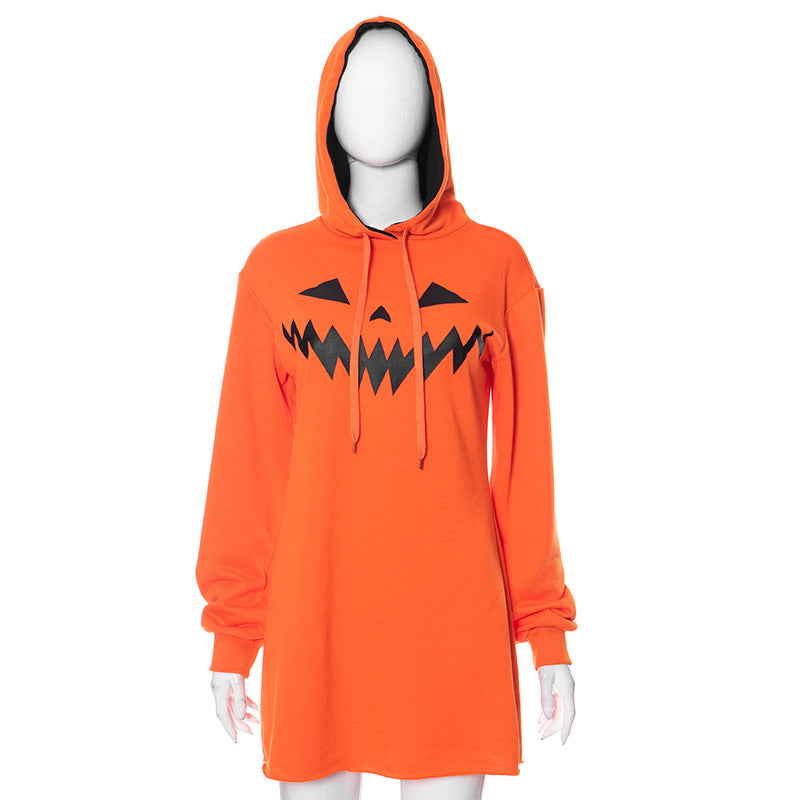 Halloween Pumpkin Print Hooded Dress
