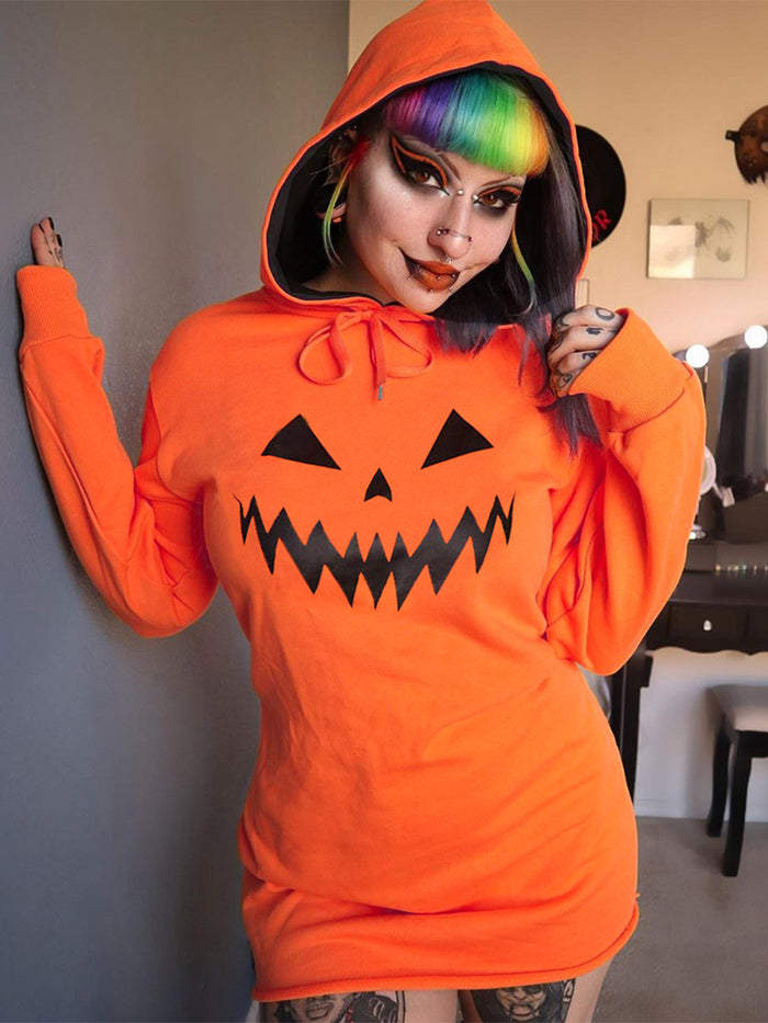 Halloween Pumpkin Print Hooded Dress