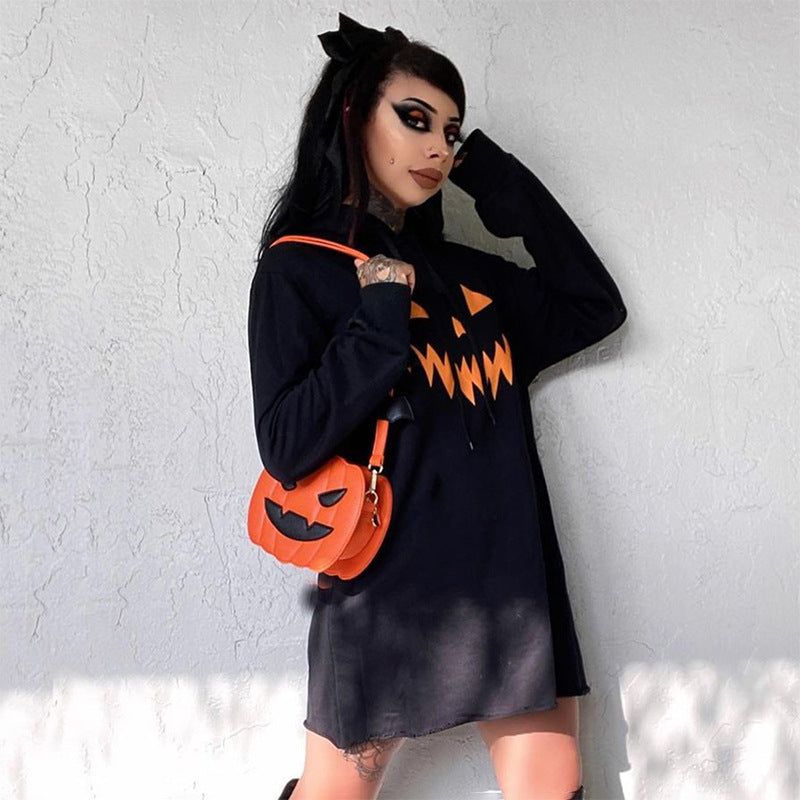Halloween Pumpkin Print Hooded Dress