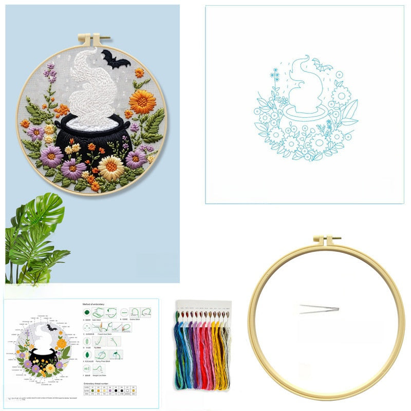 Halloween Cross Stitch Embroidery Kit with Hoop