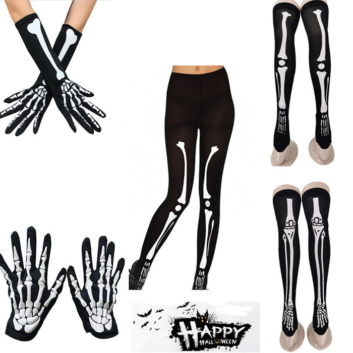 Halloween Skeleton Print Gloves and Hosiery