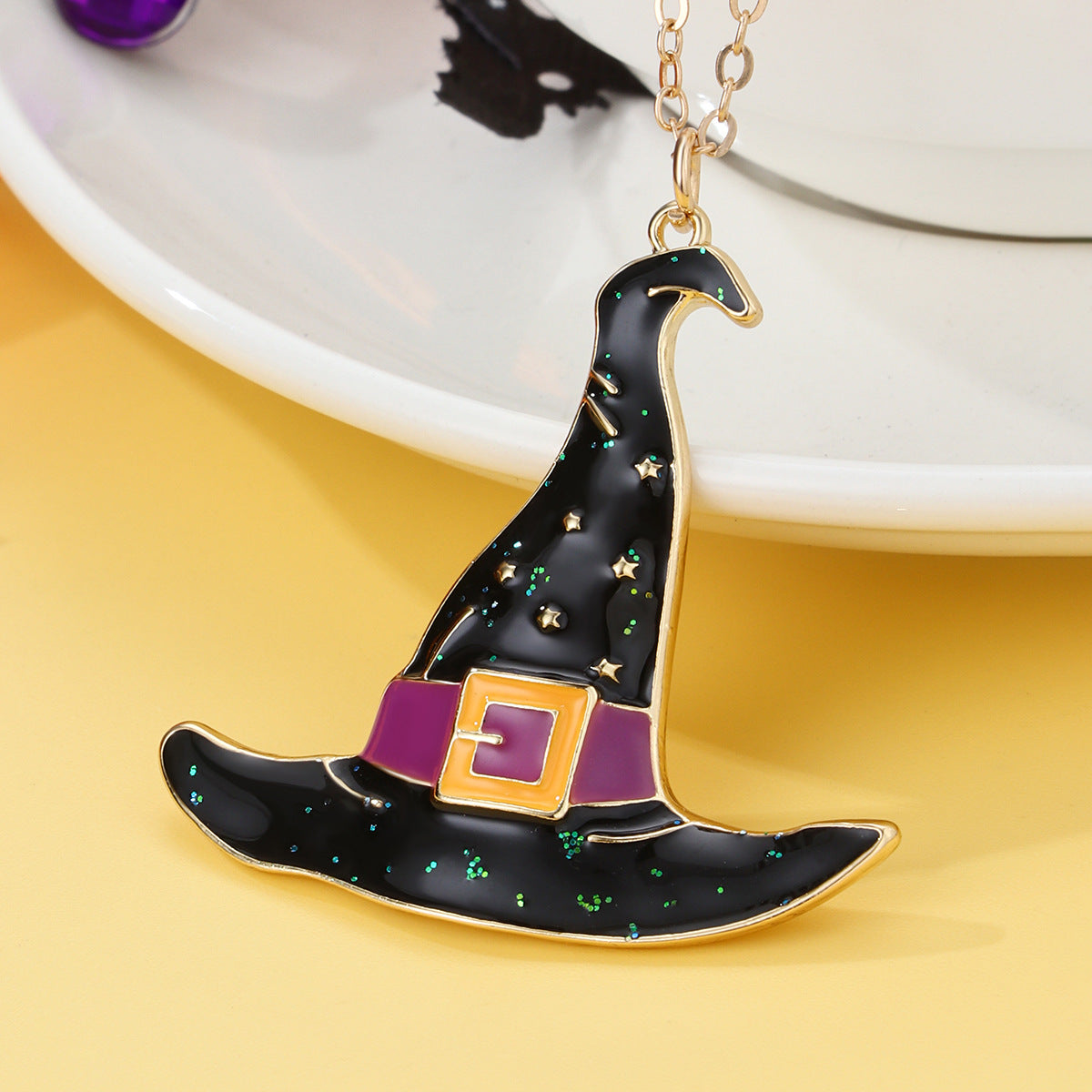 Halloween Cartoon Necklace with Black Cat Pumpkin Wizard Hat Pendant