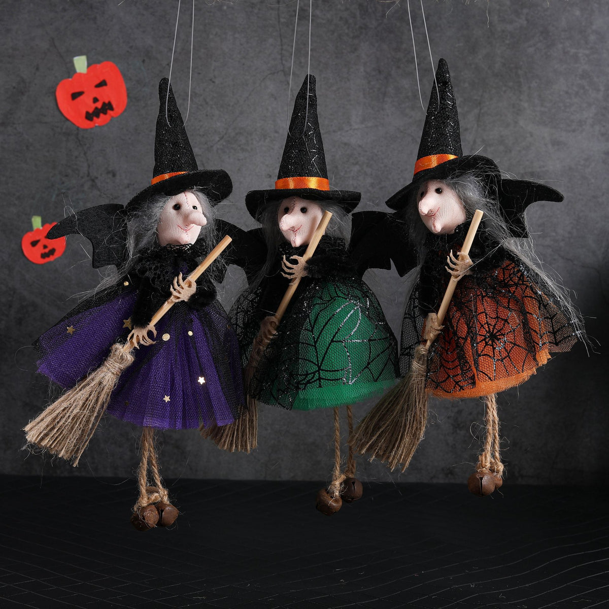 Halloween Witch with Broom Gauze Skirt Hanging Ornament - Cloth