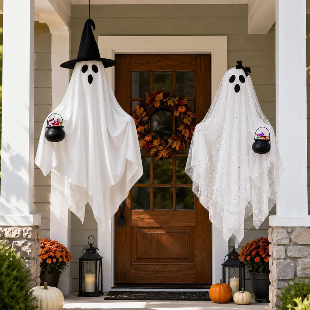 Halloween Hanging Ghost Decoration - Witch Hat and Bow Styles