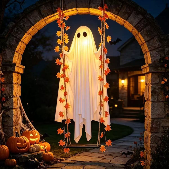 Halloween Hanging Ghost LED Decoration with Maple Leaves - Fabric