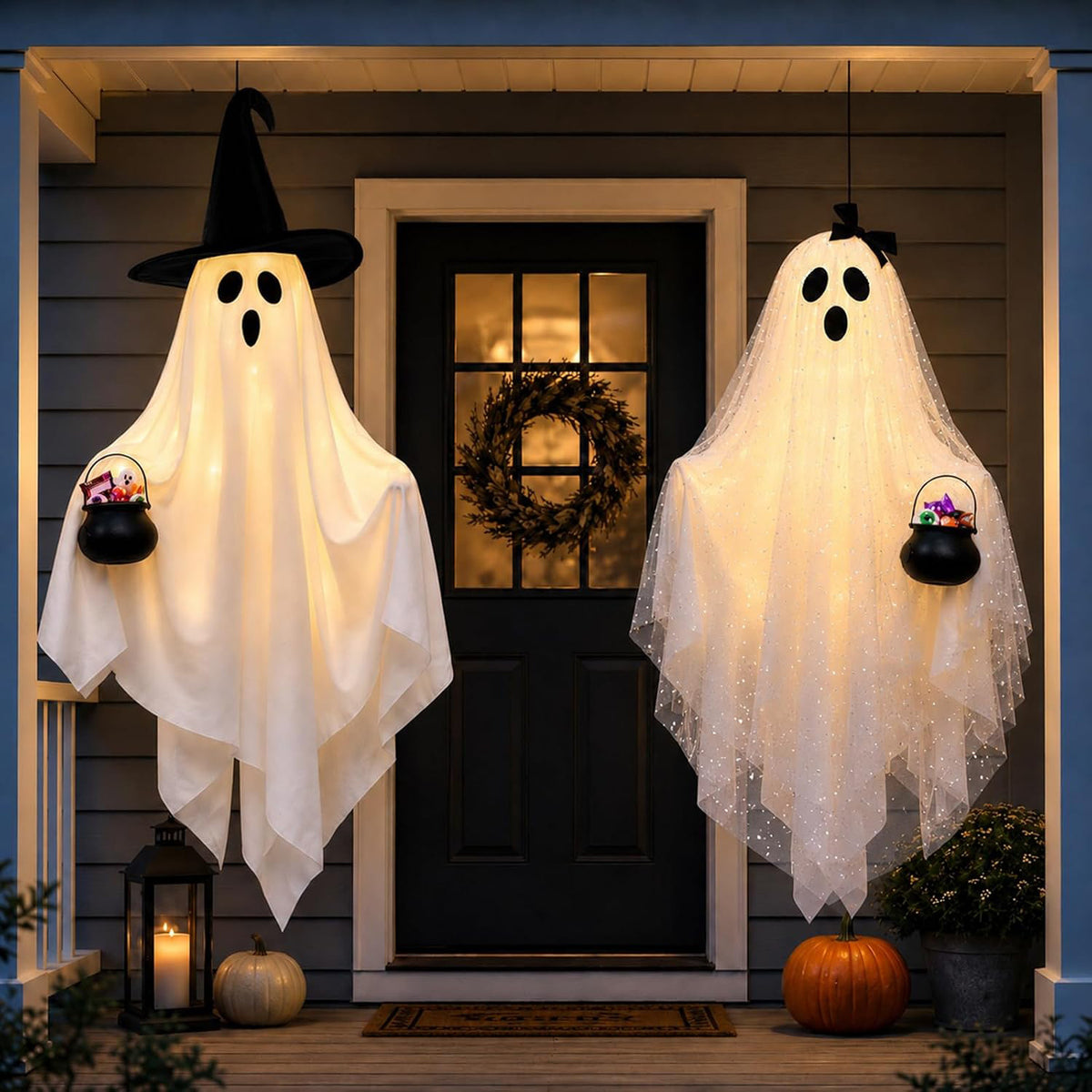Halloween Hanging Ghost Decoration - Witch Hat and Bow Styles