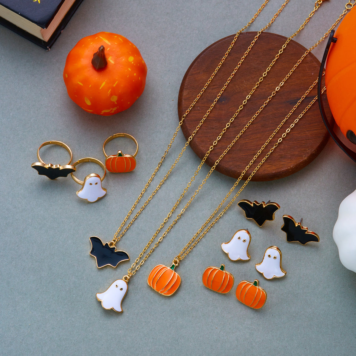 Halloween Jewelry Set - Ghost, Pumpkin and Bat Designs - Alloy