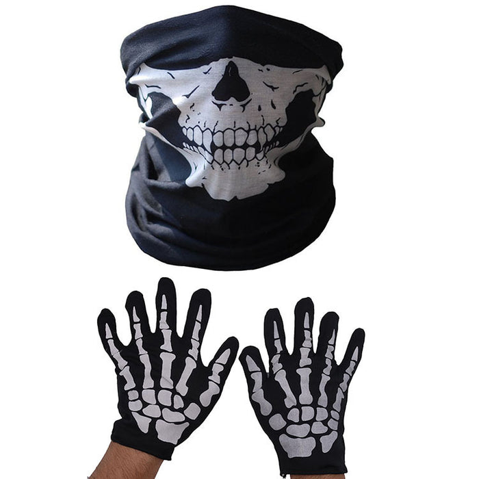Halloween Skull Chin Mask and Skeleton Gloves - Cloth