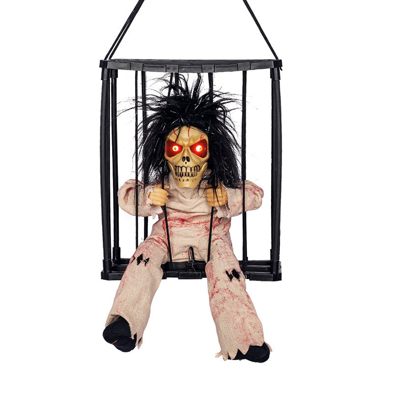 Halloween Hanging Cage Ghost with Lights and Sound - Plastic
