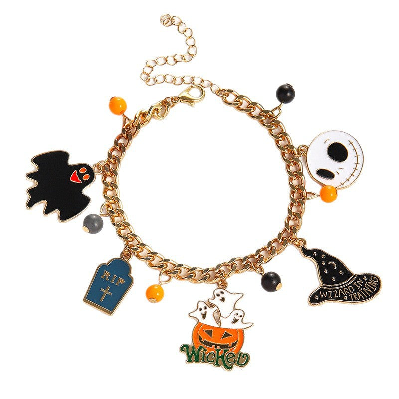 Halloween Charm Bracelet - Pumpkin, Ghost and Witch Hat - Alloy
