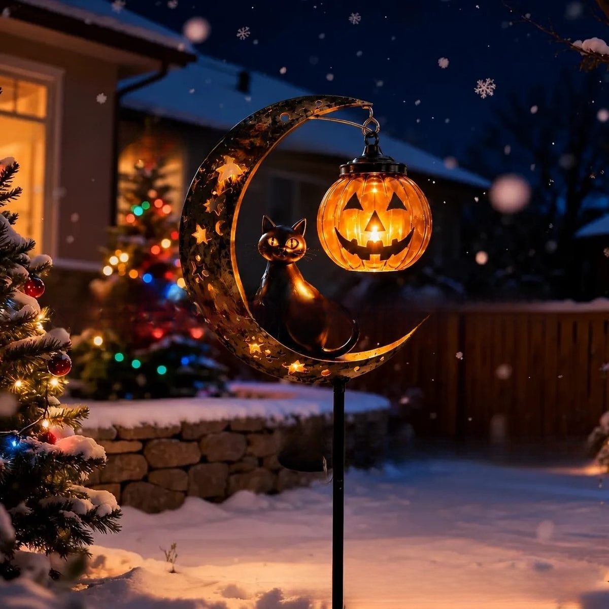 Halloween Black Cat and Pumpkin Garden Light - Metal