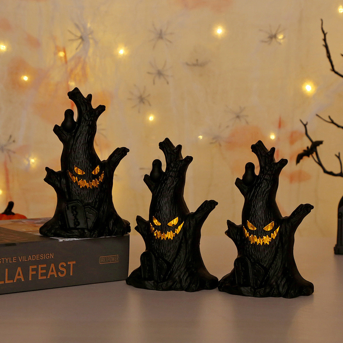 Halloween Pumpkin and Ghost Tree Stump Light - Plastic