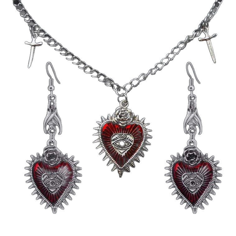 Halloween Gothic Jewelry Set - Heart Necklace and Earrings - Alloy