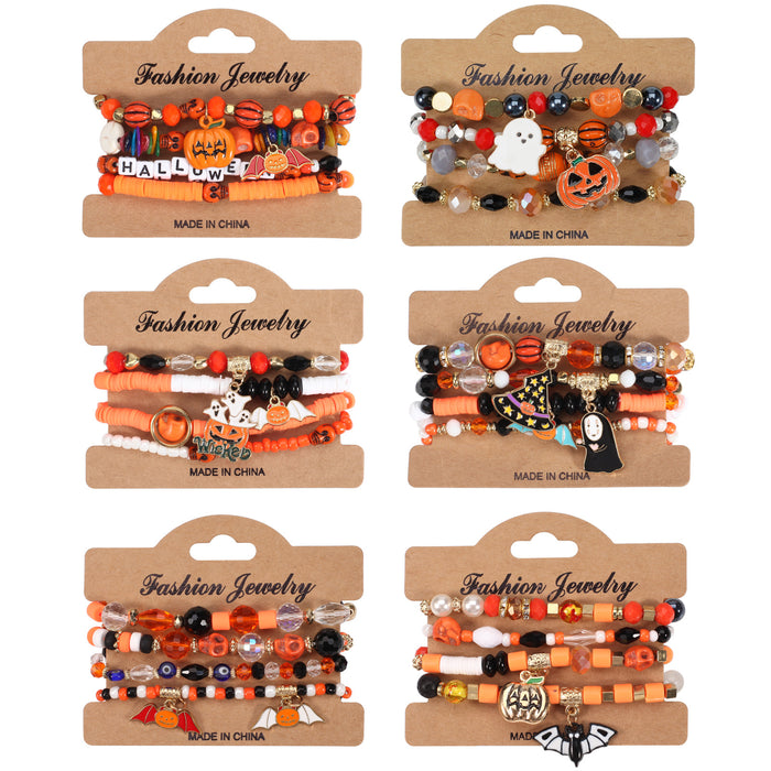 Halloween Beaded Charm Bracelet - Ghost, Pumpkin and Skull