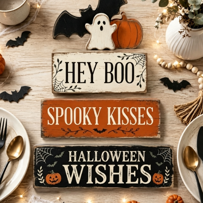 Halloween Ghost and Bat Wooden Tabletop Decoration