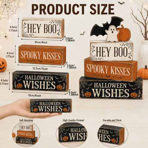 Halloween Ghost and Bat Wooden Tabletop Decoration
