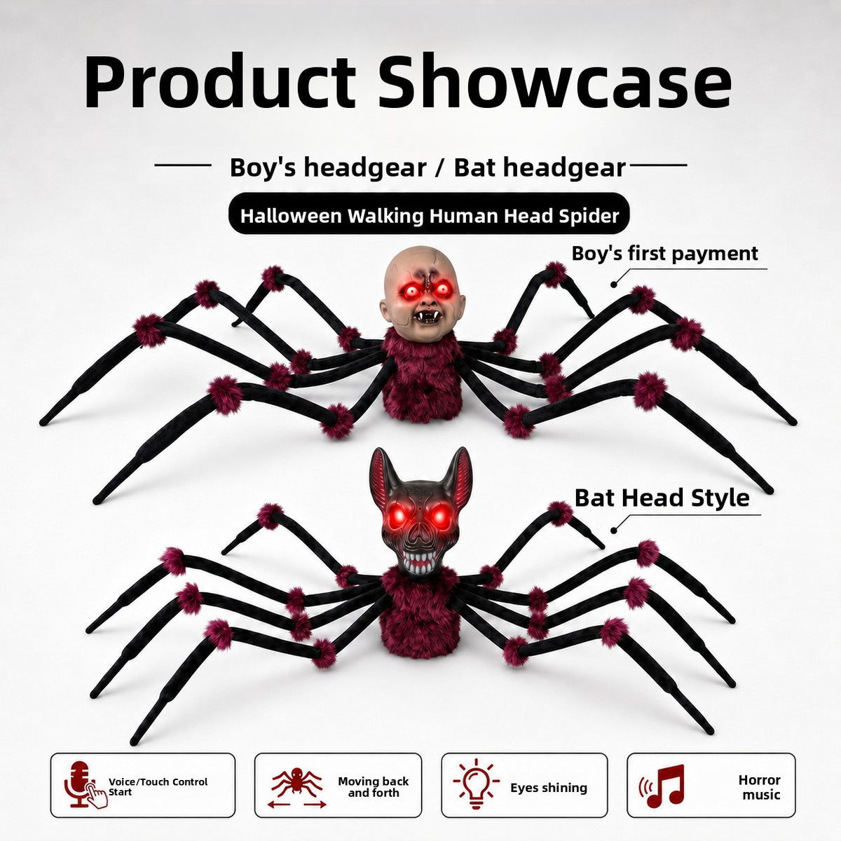 Animated Halloween Spider Head Prop with Sound and Light Effects