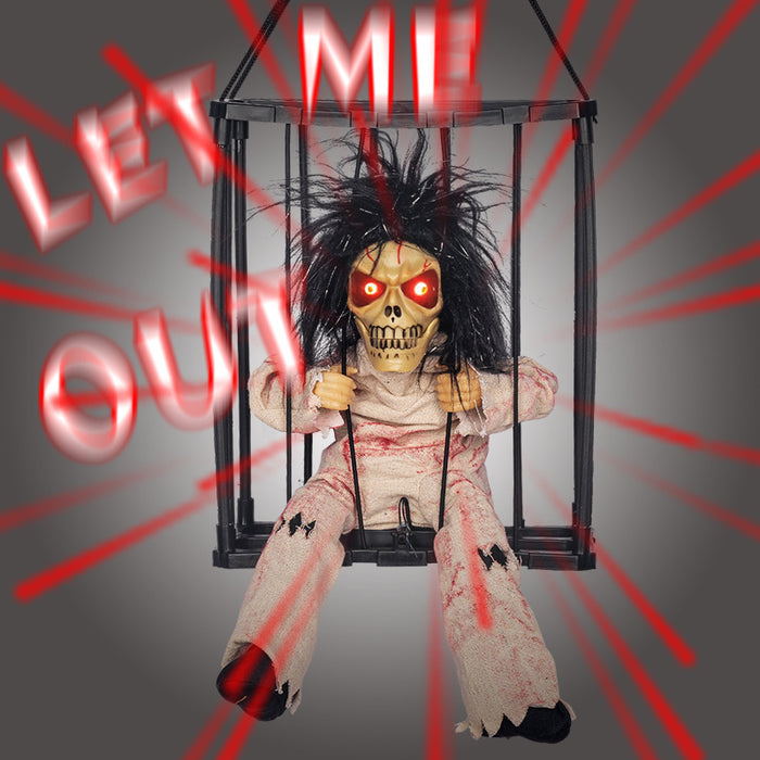 Halloween Hanging Cage Ghost with Lights and Sound - Plastic