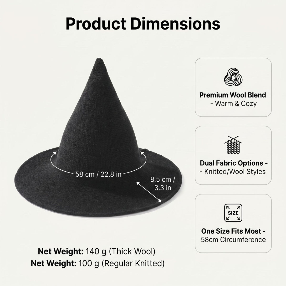 Halloween Knitted Witch Hat - Foldable Pointed Costume Hat