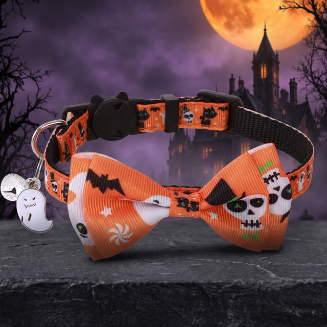 Adjustable Halloween Pet Collar with Bow and Bell — Hallowicked hero (SUPEGCB00009)