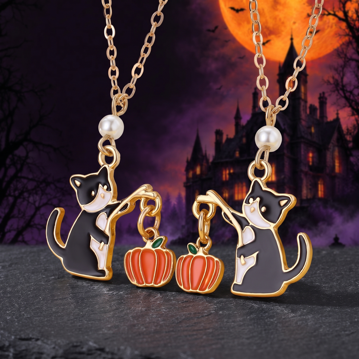 Halloween Cartoon Necklace with Black Cat Pumpkin Wizard Hat Pendant — Hallowicked hero (SUJEWNP00694)