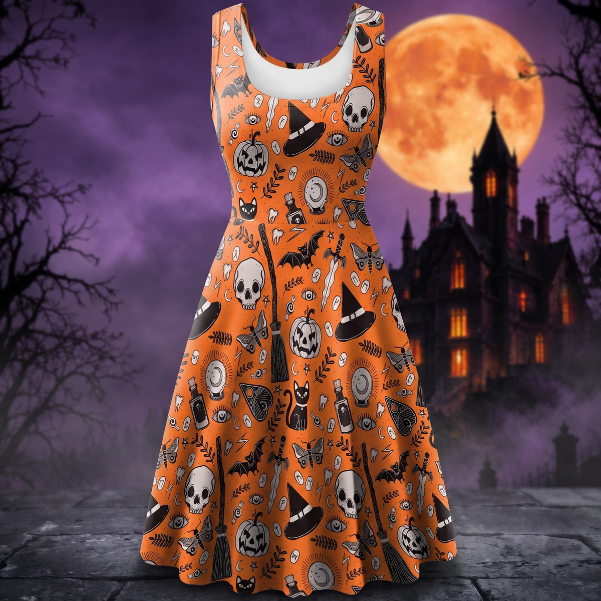 Halloween Sleeveless Digital Print Dress — Hallowicked hero (SU00028905)