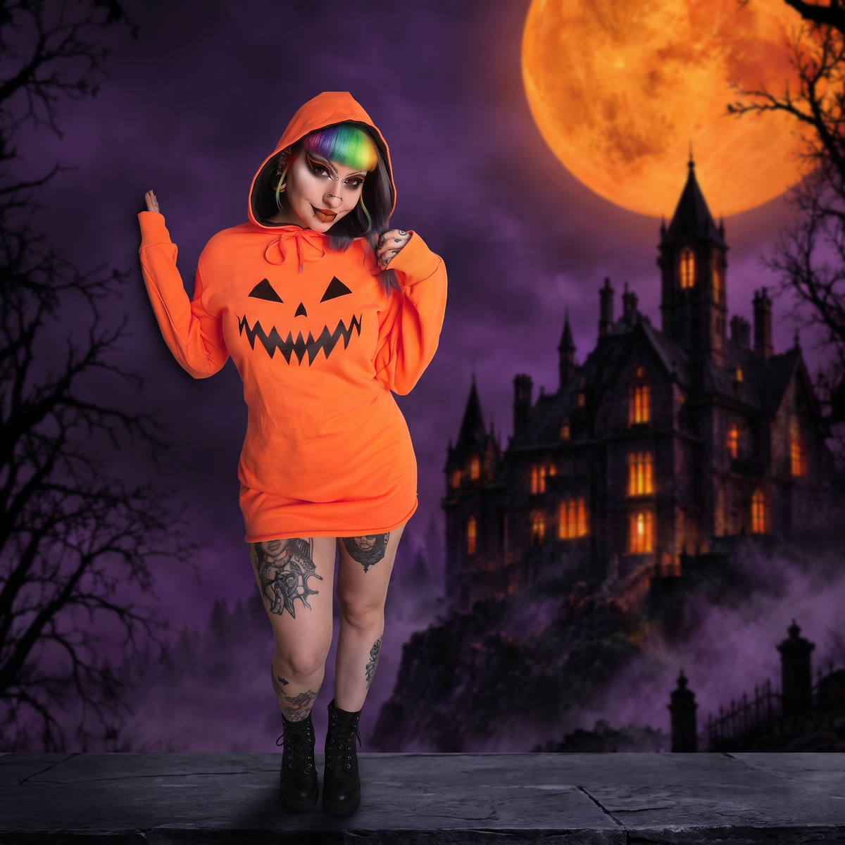 Halloween Pumpkin Print Hooded Dress — Hallowicked hero (SU00028836)