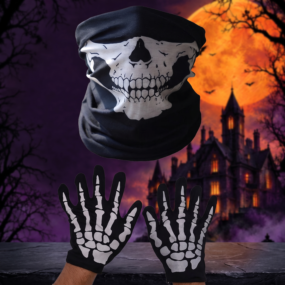 Halloween Skull Chin Mask and Ghost Gloves Set — Hallowicked hero (SU00030302)