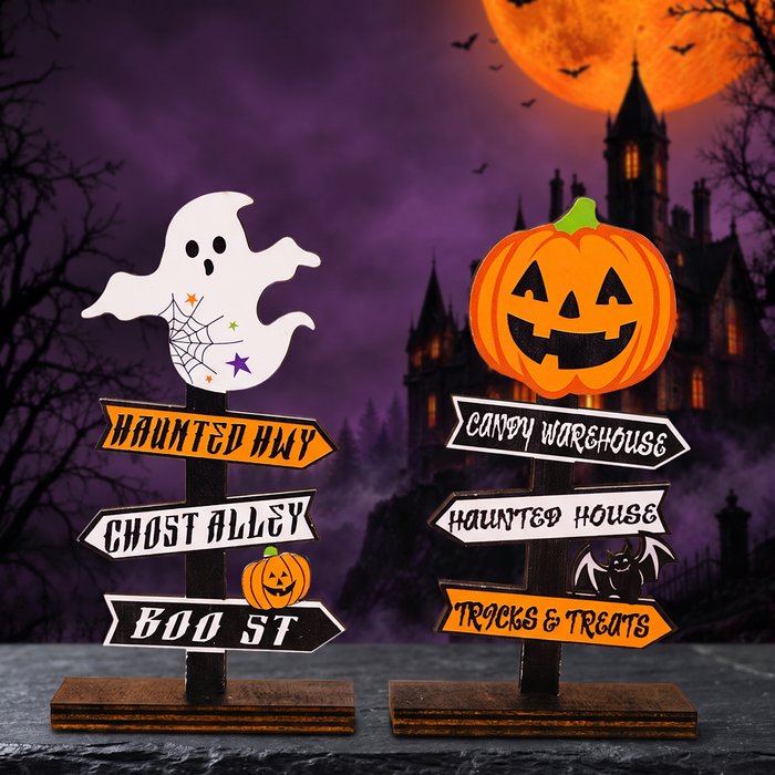 Halloween Pumpkin Letters Wooden Ornaments Tree-Shaped Ghost Table — Hallowicked hero (SU00024794)