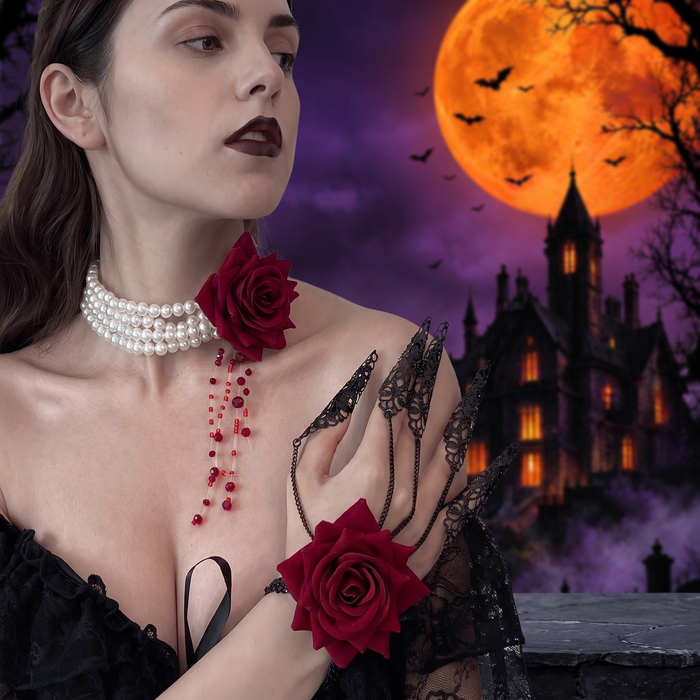 Halloween Dark Blood-Stained Pearl Beaded Necklace — Hallowicked hero (SU00018392)